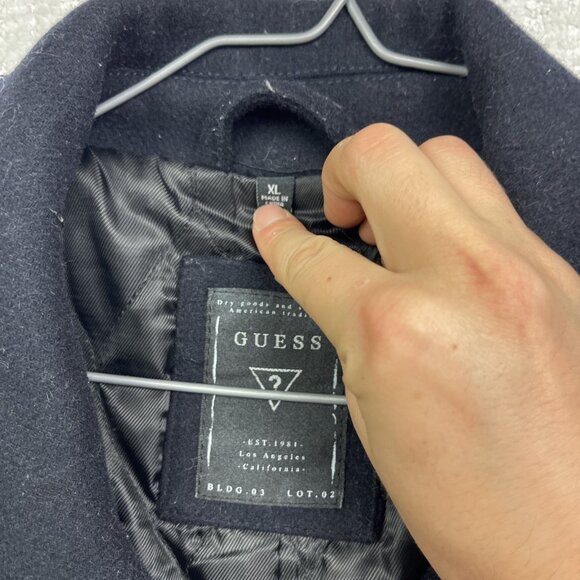 Guess Men’s XL Double Breasted Pea Coat Button-Up Black/Blue Reverse Stiches *** - Picture 7 of 16